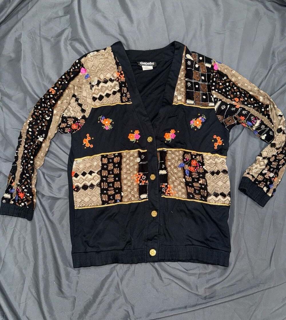 Gepetto Vintage Patchwork Embroidered Button-Down Cardigan Sweater